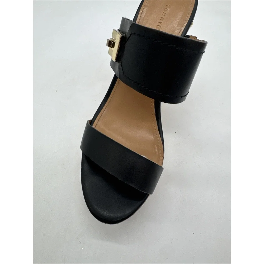 Tommy Hilfiger Cork Wedge Sandals Twmadasen Black Size 7.5